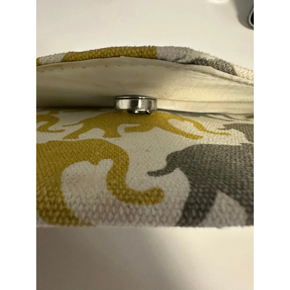 Women's Clutch Purse White/Yellow/Gray Elephant Print Chain Strap Canvas